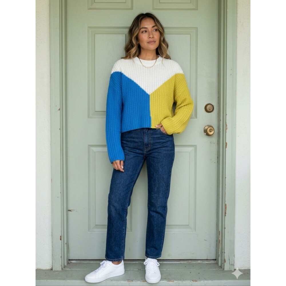 Sincerely Jules Colorblock Cropped Crew Sweater White, Blue & Yellow Dopamine XS